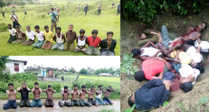 Ten Rohingya Muslim men with their hands bound kneel as members of the Myanmar security forces stand guard in Inn Din village